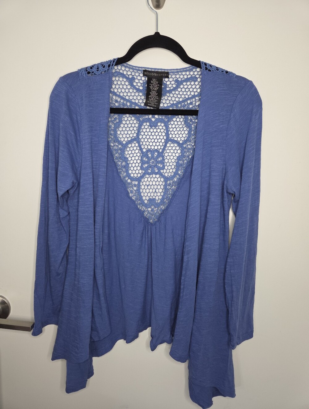 Design History Y2K Women's Juniors Size Large Blue Floral Crochet Back Cardigan